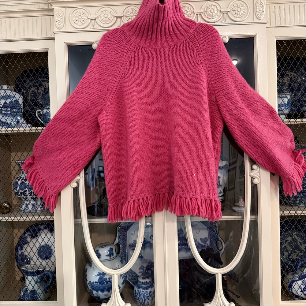 Tory Burch Raspberry Fringe Turtleneck Sweater